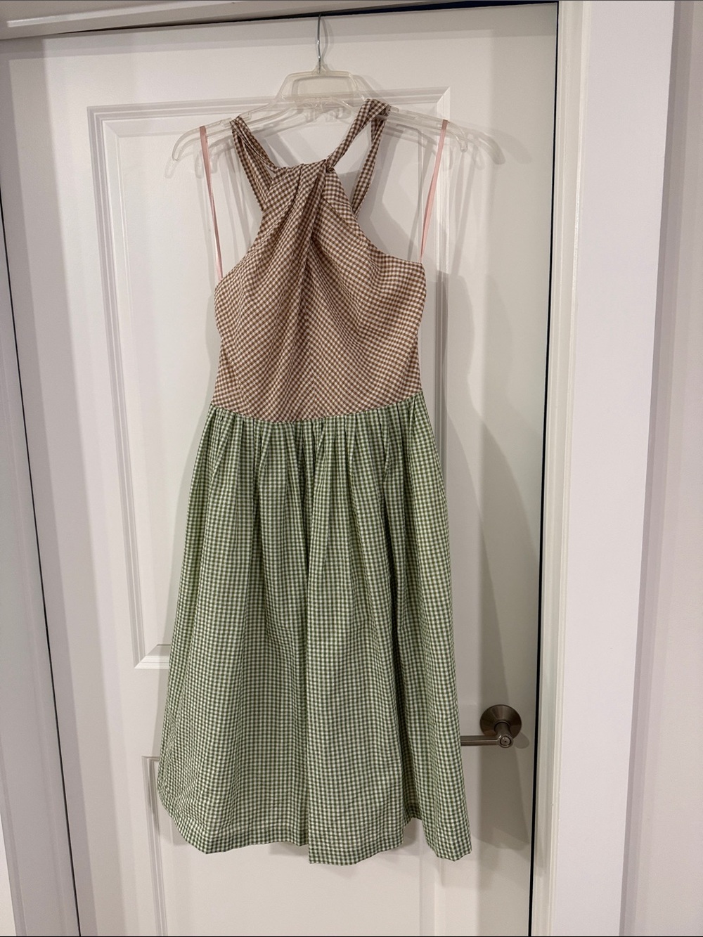 Gal Meets Glam Two-Tone Gingham Midi Dress in Beige and Sage Green